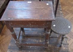 An antique oak stool, on turned supports and another smaller (2)