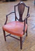 Antique Hepplewhite style mahogany carver's armchair, shield-shaped back with pierced balloon and