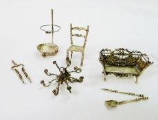 Dutch silver coloured metal miniature model fireside companion stand, with three miniature tools,