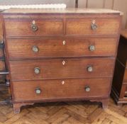 19th century oak chest of two short and three long drawers, with veneered borders and banding,