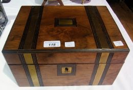 Victorian figured walnutwood writing box, brass bound and with boxwood stringing, fitted interior,