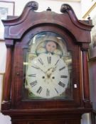 19th century inlaid mahogany longcase clock, with swan-neck pediment, the painted broken arch dial