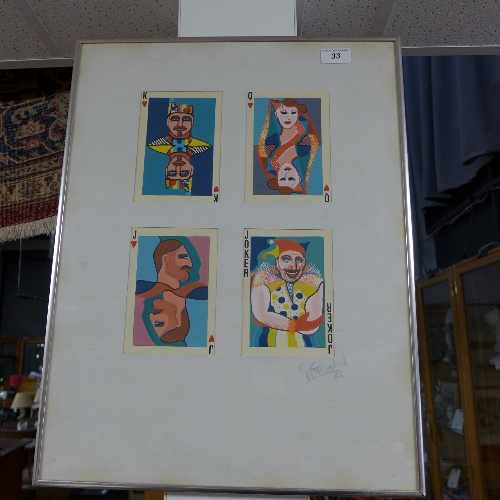 A gouache depicting four playing cards framed and glazed