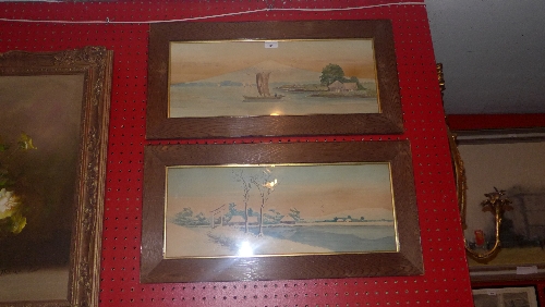 A pair of Japanese watercolour landscape studies one with winter scene and one spring scene glazed