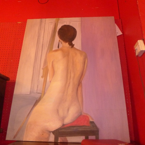 An unframed oil on canvas of a seated female nude