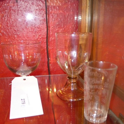 A C19th glass rummer raised on a square base together with a hand blown glass and an etched glass
