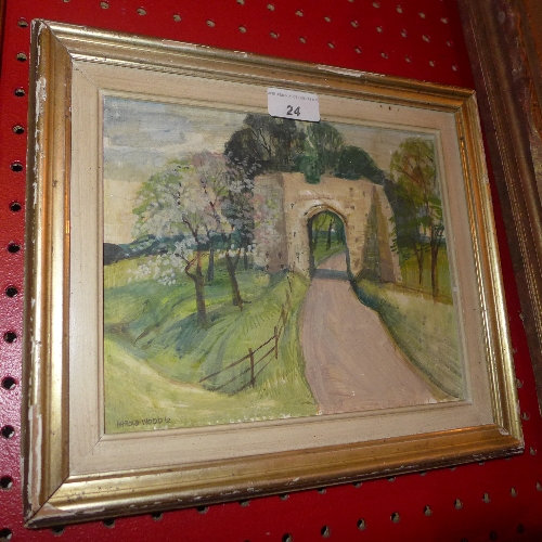 An oil on board of a gateway by Harold Wood signed