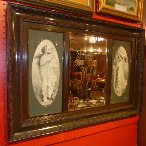 A walnut framed wall mirror with bevelled plate and flanked by prints of maidens