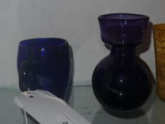 A Bristol blue mug C1840 enamelled `Remember Me` together with an amethyst coloured bulb forcing