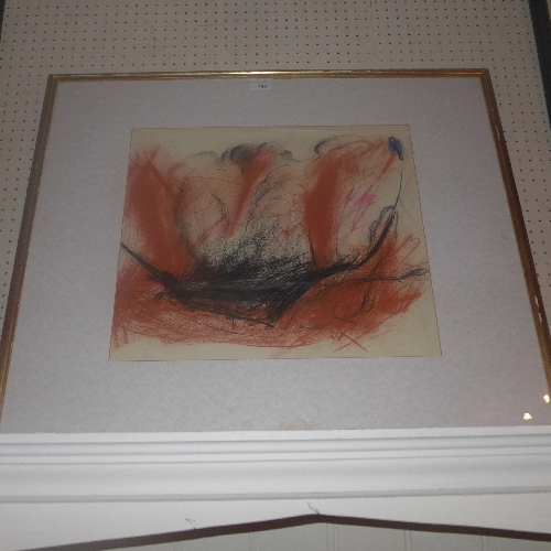 A glazed and framed pastel abstract with details verso