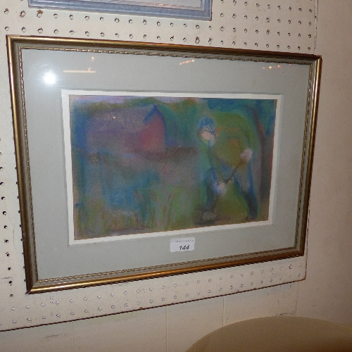A glazed and framed pastel of a farmer H 20 x W 31 cm