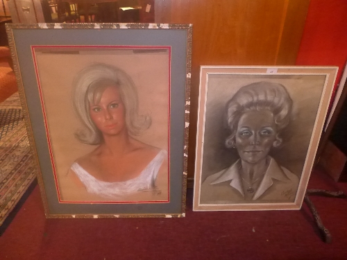 Two pastel portraits of two of Bobby Moore`s wives one signed and dates 1965 the other signed