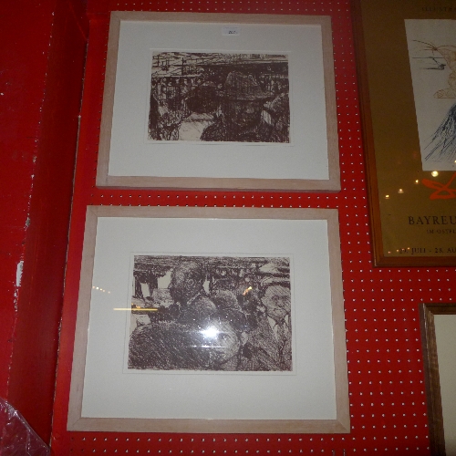 A pair of charcoal drawings of figures in crowded scenes in limed frames H 22 x W 31 cm