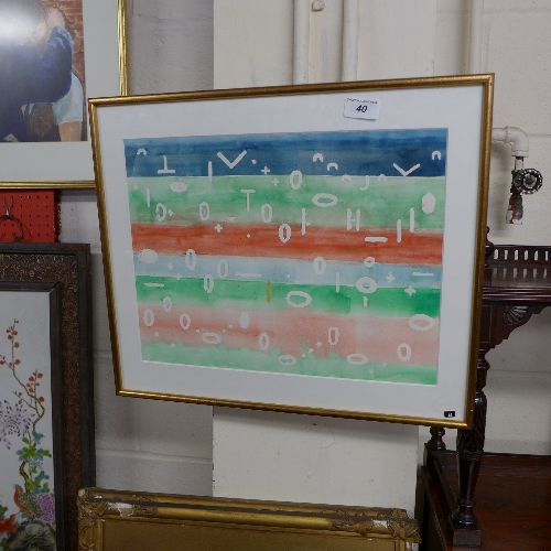 A watercolour depicting symbols framed and glazed