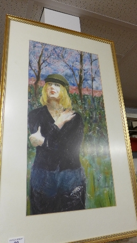 A watercolour of a pensive lady with crossed arms and wearing a cap in a garden