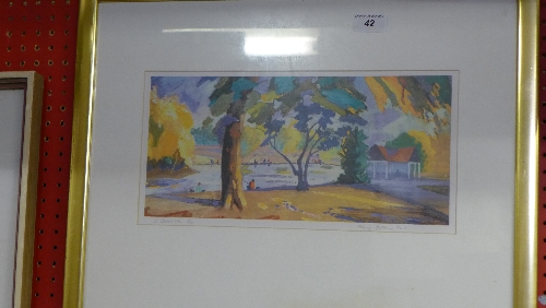 A coloured lithograph of 'Fishing, Battersea Park' signed Beaulah 6/250