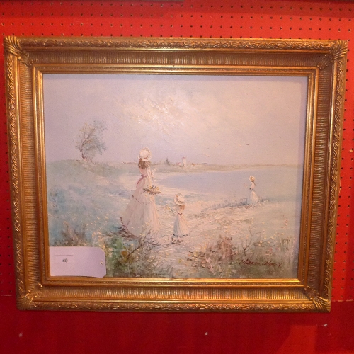 An oil on canvas of Edwardian ladies in summer dress by sea shore signed lower right H 41 x W 49 cm