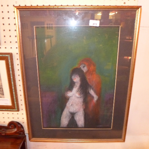 A pastel study nude female with cloaked figure behind H 47 x W 33 cm