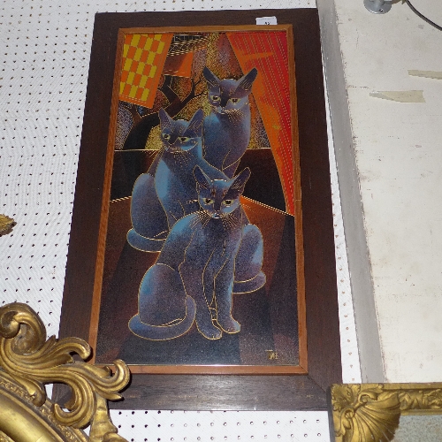 A painting on carved board of three cats, signed Taneu H 60 x W 30 cm