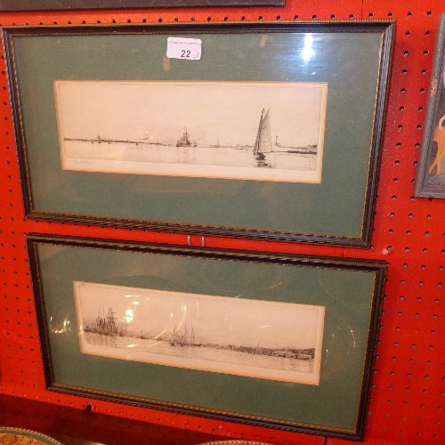 A pair of etchings of harbour scenes by Harold Wylie signed in pencil  H 10 X W 31 cm