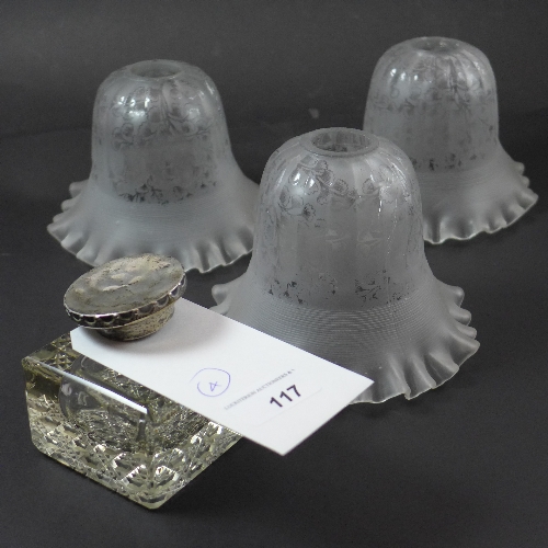 A hallmarked silver and crystal inkwell (A/F) together with three etched glass shades