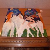 An unframed acrylic on canvas of a classical scene featuring three female goddesses on white horses