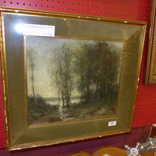 An early C20th oil on canvas after Corot cattle by a lake framed and glazed W 36 H 33 cm