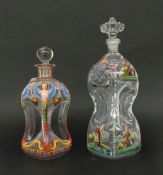 A two C19th Bavarian glass decanters of waisted form with enamel decoration, one having landscapes