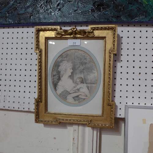 A C19th watercolour of a mother and child in an ornate gilt frame