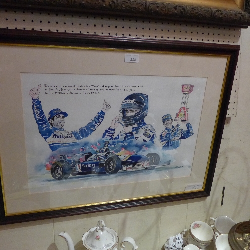 A watercolour by E.Tranter celebrating Damon Hill winning the Formula 1 championship in 1996 signed