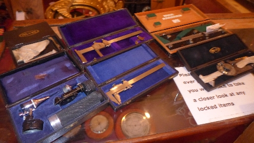 Five boxed calipers and a doctors instrument