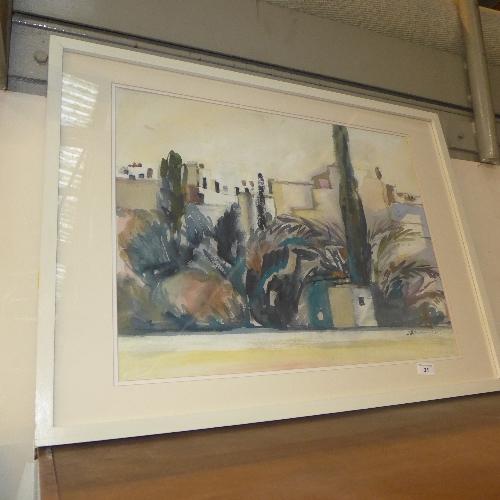 A watercolour of a continental town scene within a white frame by Jawet Q Treloar