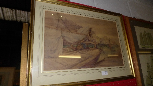 A watercolour moored sailing vessels with figure framed and glazed