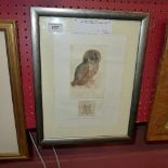 A framed and glazed modern print of a an owl with ''AD'' stamp and signed A. Durer-Haus, 2006