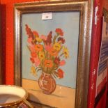 A gouache on paper still life study of flowers in a vase on a table in silvered frame