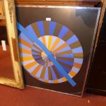 A large Vasarely print of a brightly coloured geometric swirl in a chromed frame