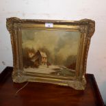 A c1930s oil on panel of a country winter scene by a farmhouse, signed brusman, in a gilt frame.