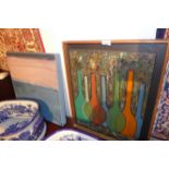 A C1970`s oil on board of a collection of glass bottles signed Giuffrida together with a contemorary