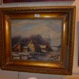 An oil on canvas of a farmhouse signed R.A White in a gilt frame