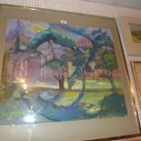 a C20th gouache impressionist landscape study of a park on paper glazed and framed