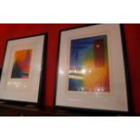 A pair of brightly coloured abstract paintings radial VIII and Opus II signed indistincly and