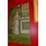 A C20th unframed oil on canvas of a lady in a blue dress waiting in a drawing room signed bottom