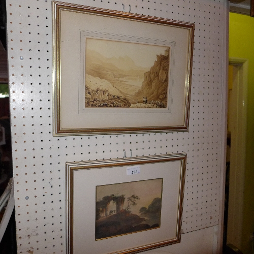 A C19th sepia wash together with a C19th watercolour of romantic landscapes W 18 - 22 cm