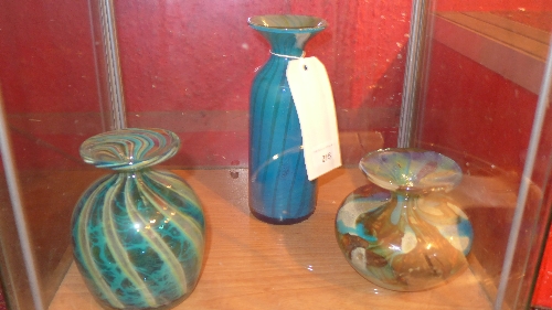 Three Mdina hand blown glass vases, signed to base H 12 - 22 cm