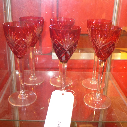 A set of six Rhine cut red glass wine glasses