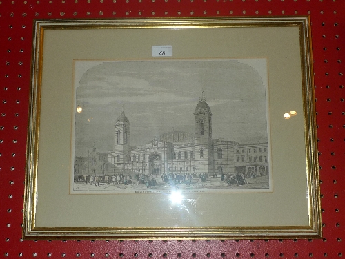 A hand tinted engraving of the agricultural hall Islington in process of construction in a gilt