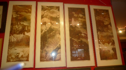 A set of four photo etched prints flowering decoration in frames W 31 x H 93 cm