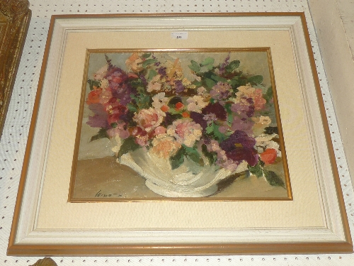 An oil on board still life of flowers signed indistinctly W 13 cm x H 29 cm