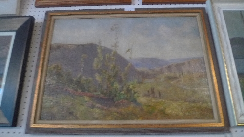 An early C20th oil on canvas of a landscape scene in a parcel gilt frame W 47 cm x L 35 cm