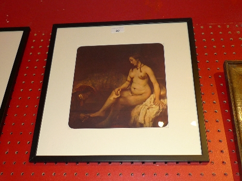 A Rembrandt photolithogaph of a nude lady sitting on a bed mounted and framed W 24 cm x H 25 cm